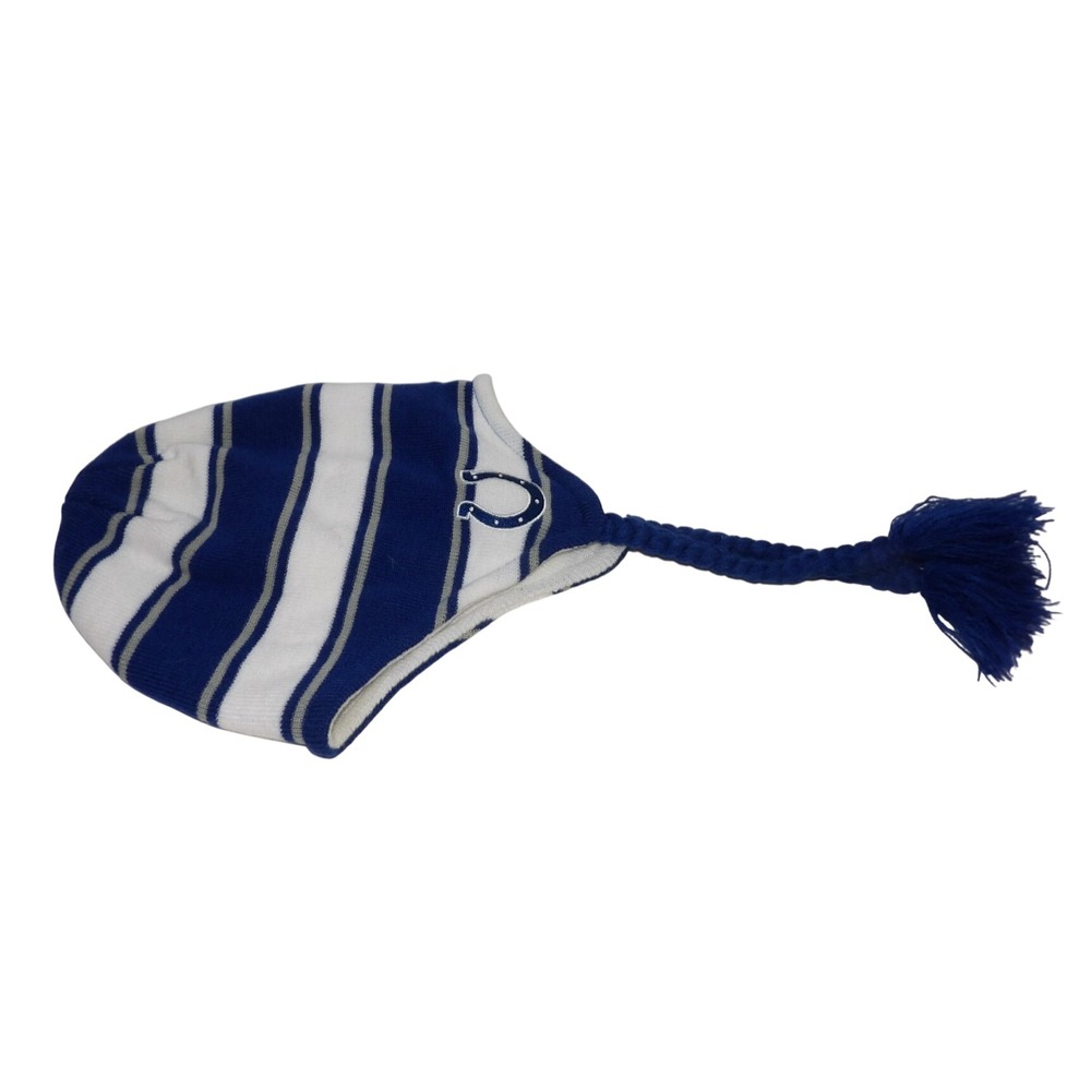 Indianapolis Colts NFL Knit Earflap Hat Blue White Striped Tassel Beanie Logo